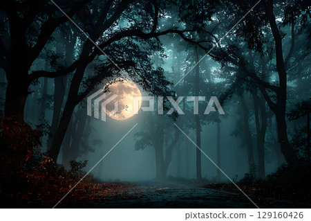 Mysterious Halloween scene with haunted house and moonlight. Designed with open space for text or product placement. 129160426