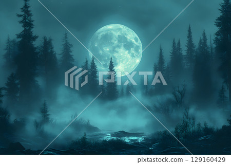 Mysterious Halloween scene with haunted house and moonlight. Designed with open space for text or product placement. Mysterious Halloween scene with haunted house and moonlight. Designed with open space for text or product placement. 129160429