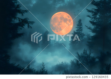 Mysterious Halloween scene with haunted house and moonlight. Designed with open space for text or product placement. 129160435