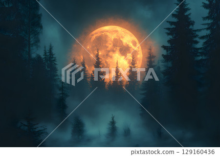 Mysterious Halloween scene with haunted house and moonlight. Designed with open space for text or product placement. 129160436