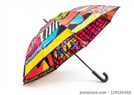 A neatly folded umbrella with bright geometric patterns, isolated against a white background, playful and vibrant A neatly folded umbrella with bright geometric patterns, isolated against a white background, playful and vibrant 129160488