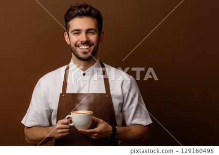 A smiling barista holding a steaming cup of coffee, posing in front of a neutral brown background 129160498