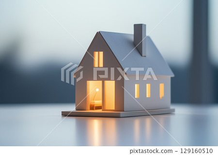 A tiny house model with a glowing interior light, sitting on a clean white surface, symbolic of home and warmth A tiny house model with a glowing interior light, sitting on a clean white surface, symbolic of home and warmth 129160510