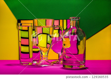 Abstract still life with glassware on colored bright background 129160535