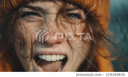 Close-up portrait of a woman with expressive face and freckles, shouting or laughing. 129160630