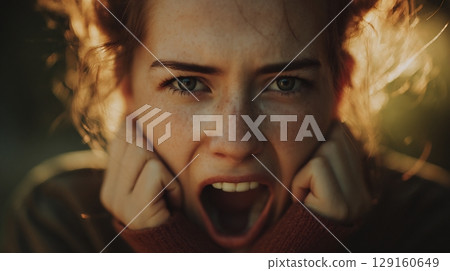 Close-up of a young woman screaming with hands on her face, showing emotion. 129160649