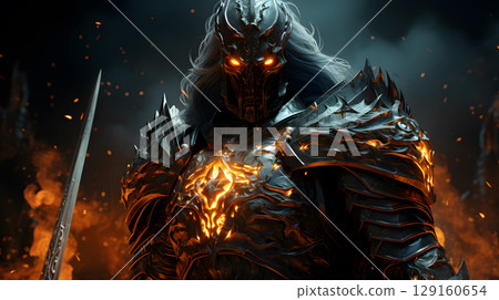 fantasy warrior character with shining armor and glowing sword. Perfect for games, novels, NFTs, and creative digital art. 129160654