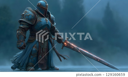 fantasy warrior character with shining armor and glowing sword. Perfect for games, novels, NFTs, and creative digital art. 129160659
