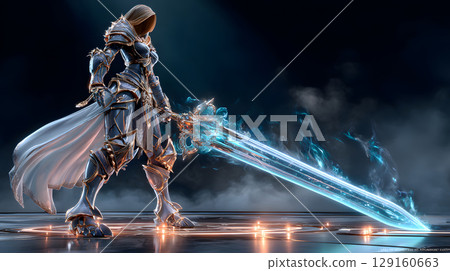 fantasy warrior character with shining armor and glowing sword. Perfect for games, novels, NFTs, and creative digital art. 129160663