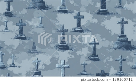Blue-grey texture of old gothic crosses, a cemetery background. Seamless tile. Blue-grey texture of old gothic crosses, a cemetery background. Seamless tile. 129160711