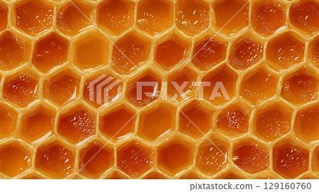 Close-up view of natural beehive honeycomb, brimming with golden liquid honey. Seamless tile. 129160760