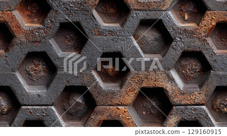 Close-up of a dark, grungy, and rusty metal plate with hexagonal patterns. Seamless tile. 129160915