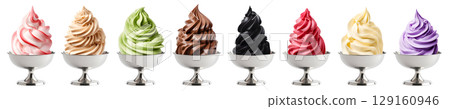 Soft serve Yoghurt Ice cream swirl on retro metal stainless steel dessert bowl on transparent background cutout, PNG file. Many assorted different flavour Mockup template for artwork design 129160946