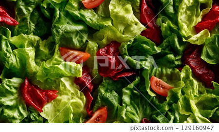 Fresh green and red lettuce salad with bright tomato slices. Healthy food. Seamless tile. 129160947
