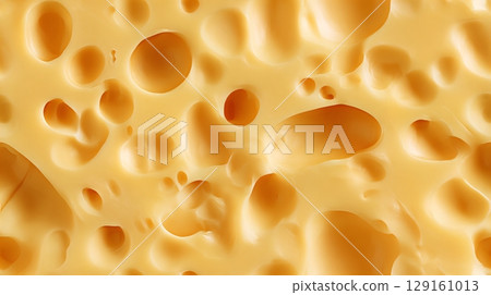 Detailed macro shot of creamy yellow cheese surface with holes, a classic food texture. Seamless tile. 129161013