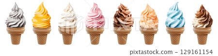 Soft serve Yoghurt Ice cream swirl on cake cone on transparent background cutout, PNG file. Many assorted different flavour Mockup template for artwork design 129161154