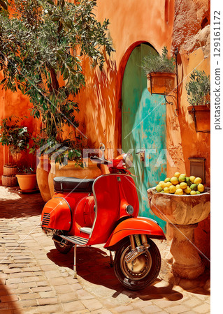 A red scooter is parked in front of a blue door A red scooter is parked in front of a blue door 129161172