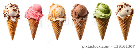 Ice cream scoop on waffle cone on transparent background cutout, PNG file. Many assorted different flavour Mockup template for artwork design 129161307