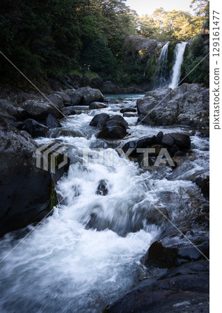 Vertical shot of beautiful cascade waterfall in a dense forest, New Zealand Vertical shot of beautiful cascade waterfall in a dense forest, New Zealand 129161477
