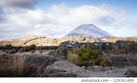 Dry volcanic landscape dominated by perfectly conical volcano in backdrop, New Zealand 129161480