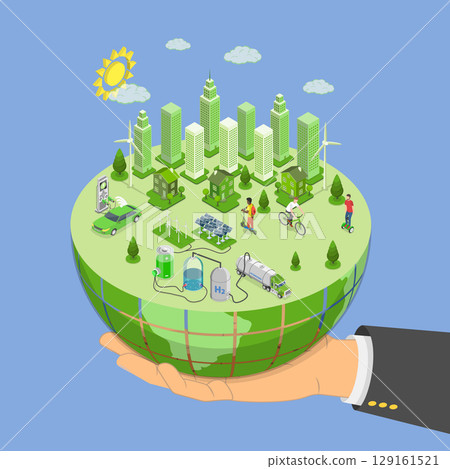 3D Isometric Flat Vector Illustration of Urban Transport, Sustainable Transportation Using Alternative Car Power Sources 129161521