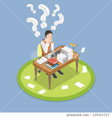 3D Isometric Flat Vector Illustration of Dilemma, Contemplative Man Studying At Desk, Pondering Solutions To Problems 129161527