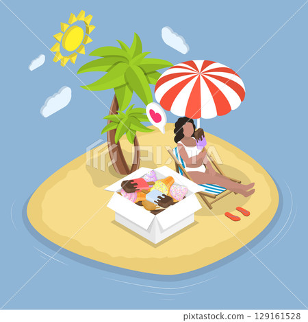 3D Isometric Flat Vector Illustration of On The Beach, Woman In Swimsuit Relaxing On Beach And Enjoying Ice Cream 3D Isometric Flat Vector Illustration of On The Beach, Woman In Swimsuit Relaxing On Beach And Enjoying Ice Cream 129161528
