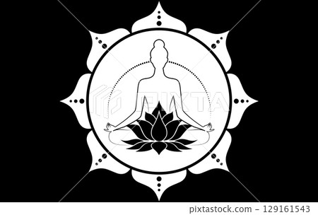 Lotus Mandala logo design. Woman sitting in lotus position, meditating. Sacred Lotus Flower blossom symbol of yoga, spa, beauty salon, cosmetics, relax, brand style. Vector isolated black background Lotus Mandala logo design. Woman sitting in lotus position, meditating. Sacred Lotus Flower blossom symbol of yoga, spa, beauty salon, cosmetics, relax, brand style. Vector isolated black background 129161543