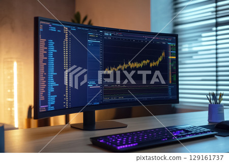Horizontal shot of trader desk with forex screen showing dollar weakening, eye-level angle, office ambient lighting, solid pastel blue background behind monitor, horizontal orientation, 4k, sharp 129161737