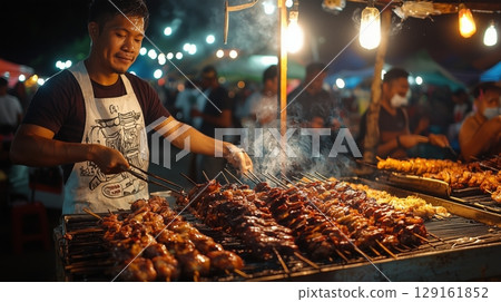 A man grilling yakitori at a Philippine night market 129161852