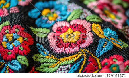 Colorful floral embroidery textile pattern 129161871