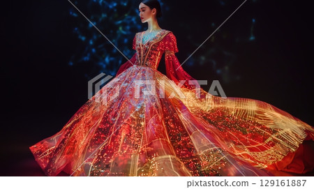 A woman in a holographic dress surrounded by light A woman in a holographic dress surrounded by light 129161887