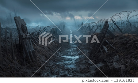 Battlefield trenches and cold foggy landscape 129161925