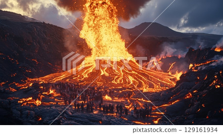 Erupting volcano and rock festival in the lava 129161934