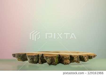 Natural tree empty podium on gradient background. Eco friendly show case for natural cosmetic products. Beautiful background for new organic product, promotion sale and presentation Natural tree empty podium on gradient background. Eco friendly show case for natural cosmetic products. Beautiful background for new organic product, promotion sale and presentation 129161966