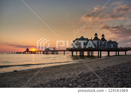 historic Pier of Sellin in sunrise mood at baltic sea historic Pier of Sellin in sunrise mood at baltic sea 129161969