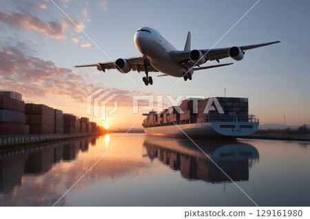 A large airplane flies above a container ship carrying many goods, illustrating worldwide cargo logistics and efficient supply chain operations. 129161980