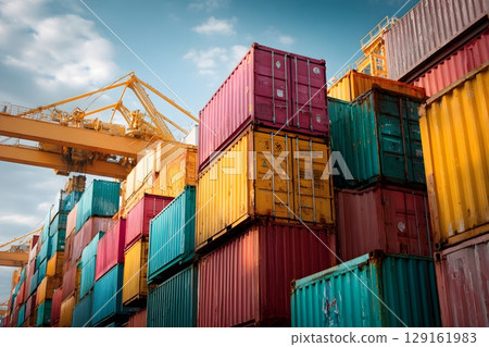 Numerous vibrant shipping containers stand stacked at a large port terminal, prepared for worldwide logistic transport and cargo movement within the supply chain system. 129161983