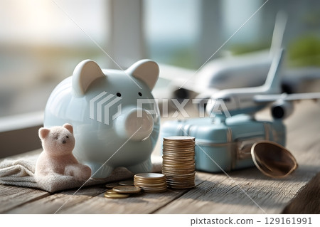 A blue piggy bank, shining gold coins, and a travel set with an airplane show the concept of saving money for future trips. 129161991
