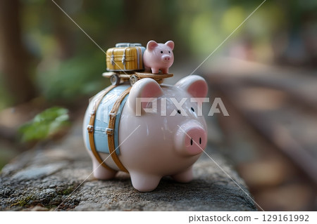 Two pink piggy banks, one large carrying luggage and a smaller one, symbolize saving money for travel and dreams. 129161992