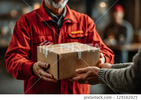 Hands are actively delivering a brown parcel, passing the sealed package to another individual, completing the essential shipment process. 129162025