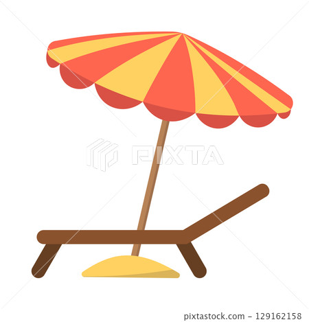Beach Chair with Umbrella Vector Illustration. A cozy wooden beach lounger paired with a large, colorful beach umbrella. The umbrella positioned in a pile of soft yellow sand. 129162158