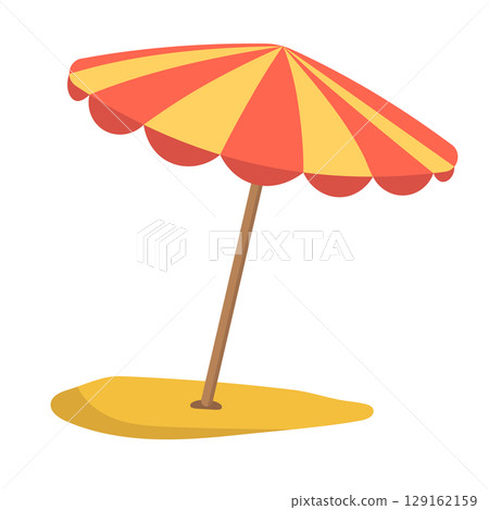 Beach Umbrella on Sand Vector Illustration. A classic beach umbrella with alternating red and yellow panels, standing firmly in a patch of golden sand. Beach Umbrella on Sand Vector Illustration. A classic beach umbrella with alternating red and yellow panels, standing firmly in a patch of golden sand. 129162159