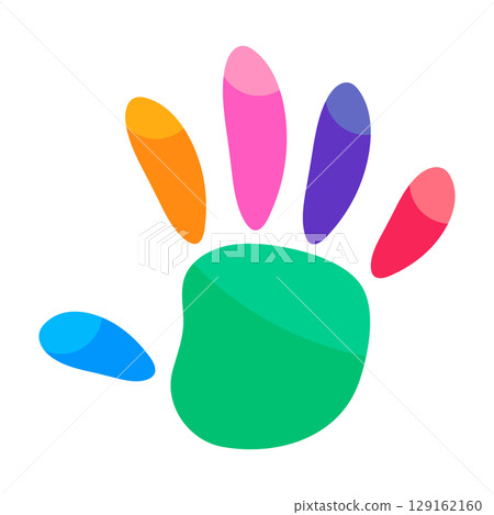 Colorful Handprint Vector Illustration. Vibrant and playful vector illustration of a stylized handprint composed of colorful, abstract shapes. 129162160