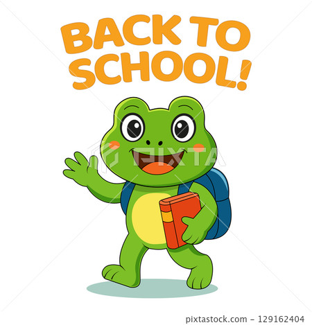 Happy cartoon frog character going back to school, carrying a red book and wearing a blue backpack. Fun and colorful vector illustration perfect for children's education, school posters, greeting 129162404