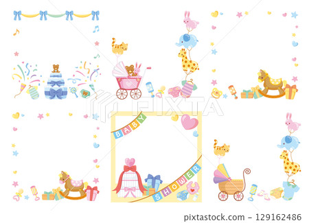 嬰兒送禮會社群媒體框架，適用於兒童和嬰兒。向量插圖集 B 129162486