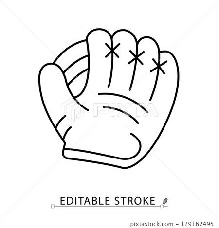 A baseball glove icon in minimalist style with editable stroke. Sport equipment, catching glove, outdoor game, athletic gear, match object, training tool, leather accessory, outline element 129162495