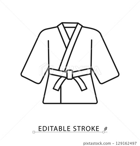 A kimono icon in minimalist style with editable stroke. Martial arts uniform, training gear, combat sport clothing, traditional outfit, fitness apparel, cultural element, outline garment, flat design. 129162497