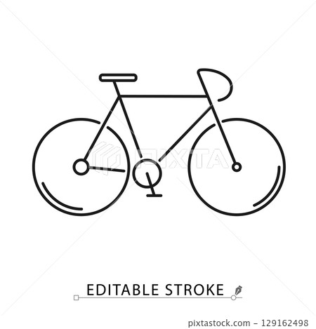 A bicycle icon in minimalist style with editable stroke. Transport object, cycling gear, outdoor activity, eco mobility, road travel, fitness equipment, urban commute, sport symbol, outline element. 129162498