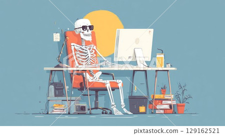 skeleton wearing sunglasses sits at a desk with a computer, surrounded by books and coffee, symbolizing long work hours or burnout 129162521